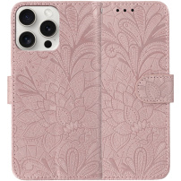 Preklopni etui s čipkastim vzorcem za iPhone 16 Pro - roza