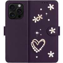Preklopni etui z biserčki in kamenčki za iPhone 16 Pro - vijoličen