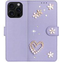 Preklopni etui z biserčki in kamenčki za iPhone 16 Pro Max - svetlo vijoličen
