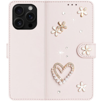 Preklopni etui z biserčki in kamenčki za iPhone 16 Pro Max - roza