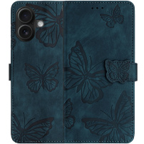 Preklopni etui z vzorcem metuljev za iPhone 16 - temno moder