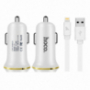 HOCO avto polnilnik z dvema USB vhodoma + strelovodni priključek za Apple iPhone / iPad / iPod - bela