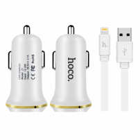 HOCO avto polnilnik z dvema USB vhodoma + strelovodni priključek za Apple iPhone / iPad / iPod - bela