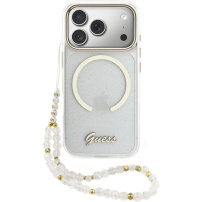 Guess IML Glitter Script Strap ovitek z MagSafe in paščkom za iPhone 17 Pro Max - prozoren