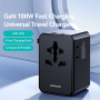 USAMS CC334 GaN univerzalni potovalni adapter s priključki 3x USB-C / USB-A in izvlečnimi vtiči - 100 - črn