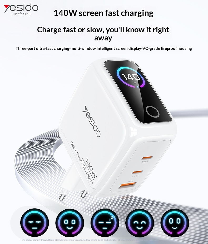 Yesido YC114 GaN adapter za hitro polnjenje z zaslonom in vrati 2x USB-C / USB-A - 140W - bel