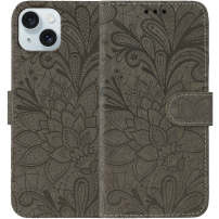 Preklopni etui z vzorcem čipke za iPhone 15 - rjav