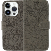 Preklopni etui z vzorcem čipke za iPhone 14 Pro - rjav