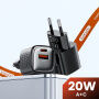 Toocki TC2220 GaN mini adapter za hitro polnjenje s priključki USB-C / USB-A - 20W - črn