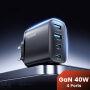 Toocki TC53402 GaN adapter za hitro polnjenje s priključki 2x USB-C / 2x USB-A - 40W - črn