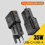 ESSAGER G535 GaN univerzalni potovalni adapter z vrati USB-C / USB-A in izvlečnimi vtiči - 35W - črn