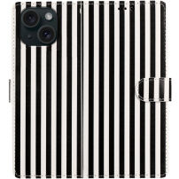 Preklopni etui s črtami za iPhone 15 Plus - črno-bel