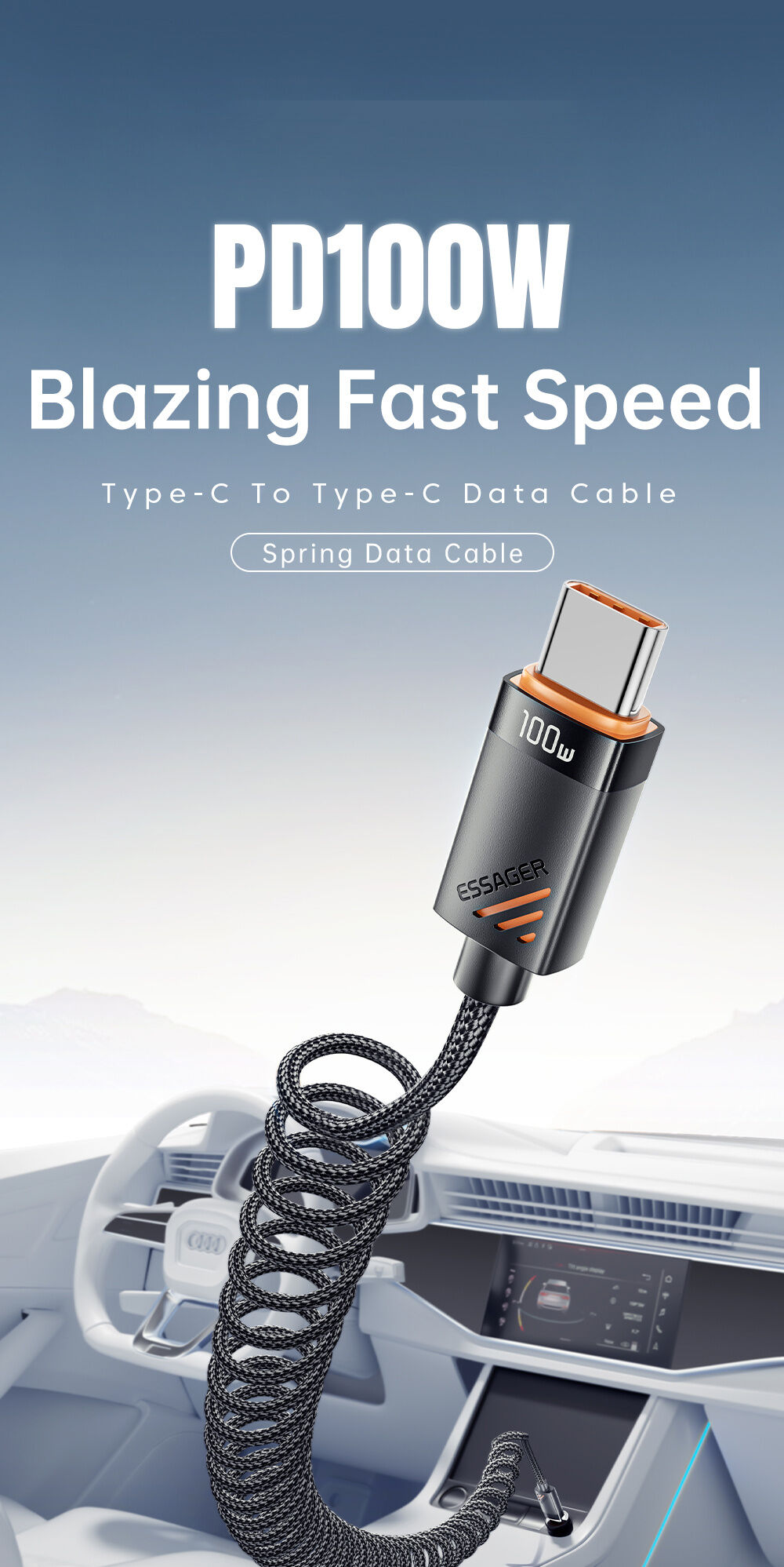 ESSAGER spiralni pleteni polnilni in podatkovni kabel - USB-C na USB-C - 1,8 m - črn