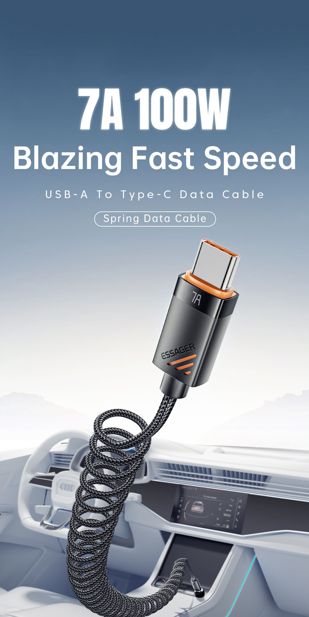 ESSAGER spiralni pleten polnilni in podatkovni Kabel - USB-A na USB-C - 1,8 m - črn