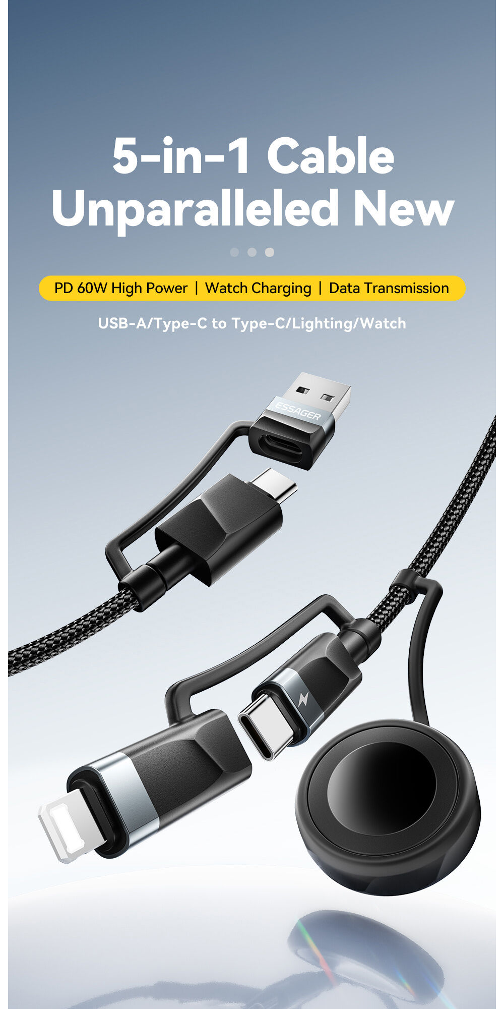 ESSAGER 3v1 univerzalen pleten polnilni in podatkovni kabel - USB-C / USB-A na magnetni plošček / USB-C / Lightning - 2 m - črn
