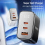 ESSAGER ES-CD64 GaN adapter za hitro polnjenje z zaslonom in priključki 2x USB-C / USB-A - 65W - bel