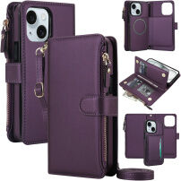 2v1 snemljiv preklopni etui z MagSafe, denarnico in paščkom za iPhone 15 - temno vijoličen