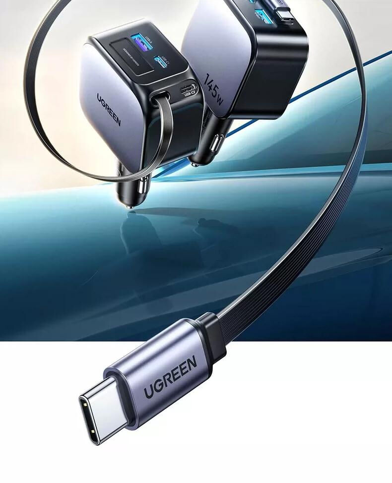 UGREENKomplet avtomobilskega polnilnika EC604 z 2 vhodoma USB-C / USB-A in podaljšljivim kablom USB-C - 145 W - 70 cm - siv