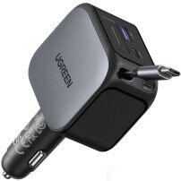 UGREENKomplet avtomobilskega polnilnika EC604 z 2 vhodoma USB-C / USB-A in podaljšljivim kablom USB-C - 145 W - 70 cm - siv