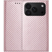 Preklopni etui z vzorcem karbonovih vlaken za iPhone 17 Pro / 18 Pro - roza