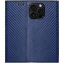 Preklopni Etui z vzorcem karbonovih vlaken za iPhone 16 Pro Max - temno moder