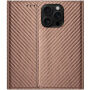 Preklopni etui z vzorcem karbonovih vlaken za iPhone 15 Pro - rjav