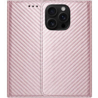 Preklopni etui z vzorcem karbonovih vlaken za iPhone 15 Pro - roza