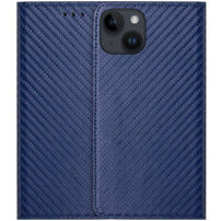 Preklopni etui z vzorcem karbonovih vlaken za iPhone 15 - temno moder
