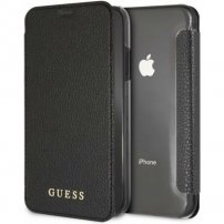 Guess, prelivna torbica za knjige za usnje za iPhone XR - črna